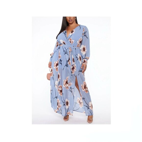 Fashion Nova Womens Dress Park Avenue Dusty Blue Floral Maxi Surplice Sz 3X - Picture 1 of 16